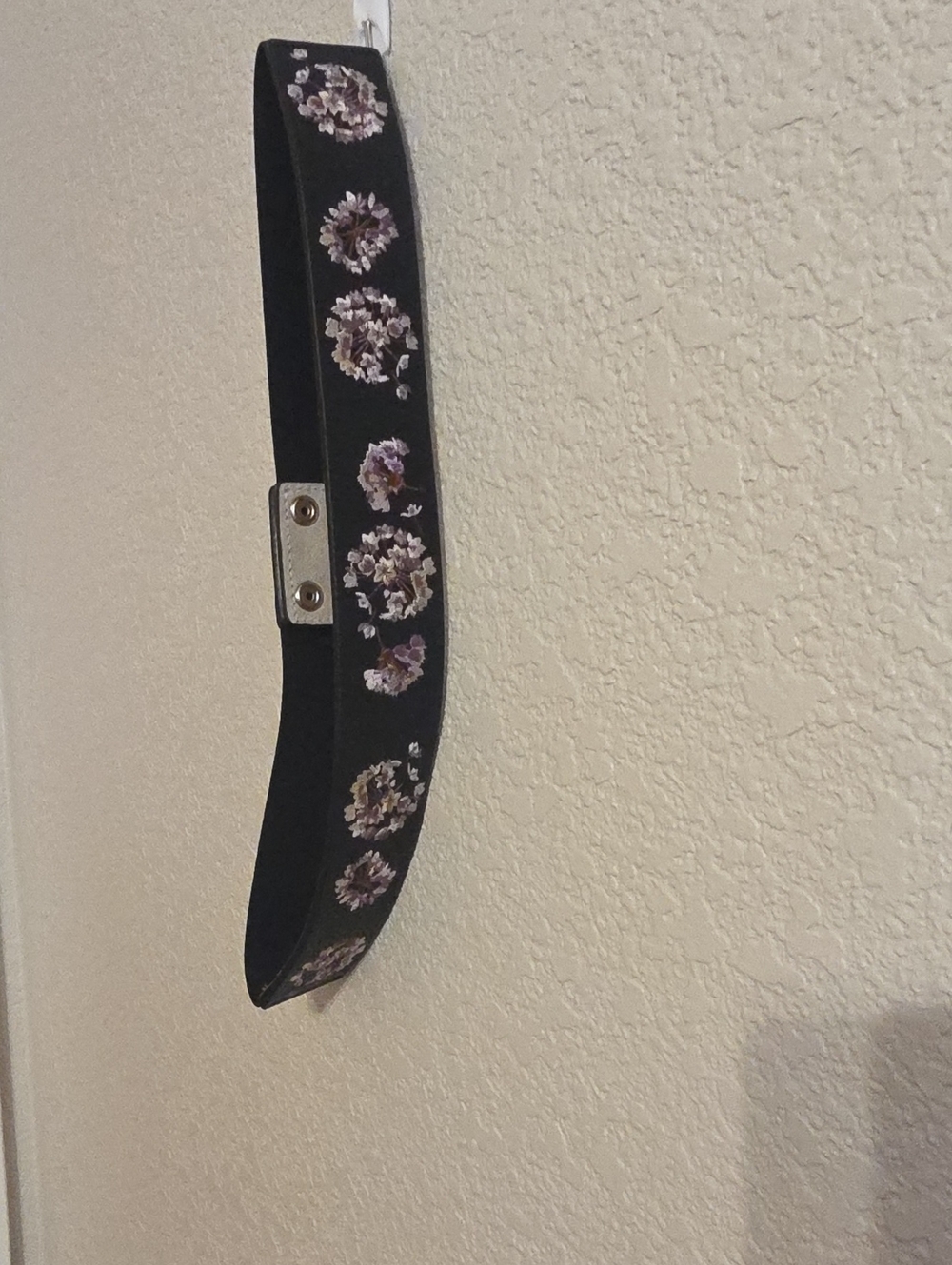 White House Black Market Black Stretch Belt with Lavender Floral Embroidery